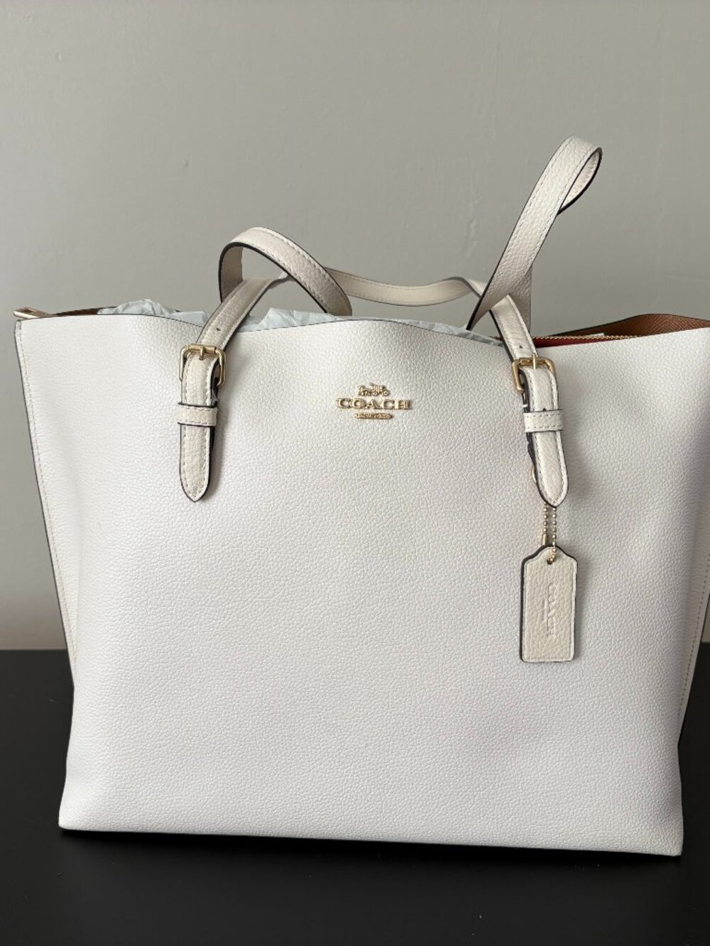 Coach Mollie White Pebbled Leather Tote w/ Gold Hardware